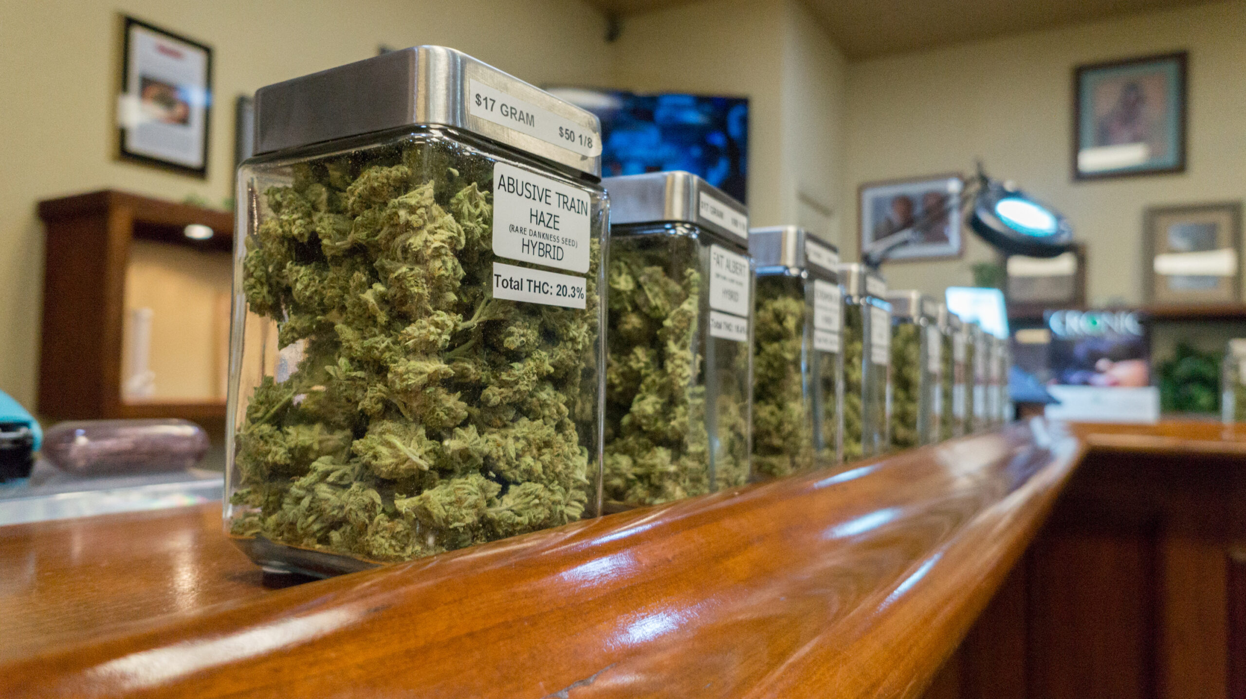jars of different cannabis buds.