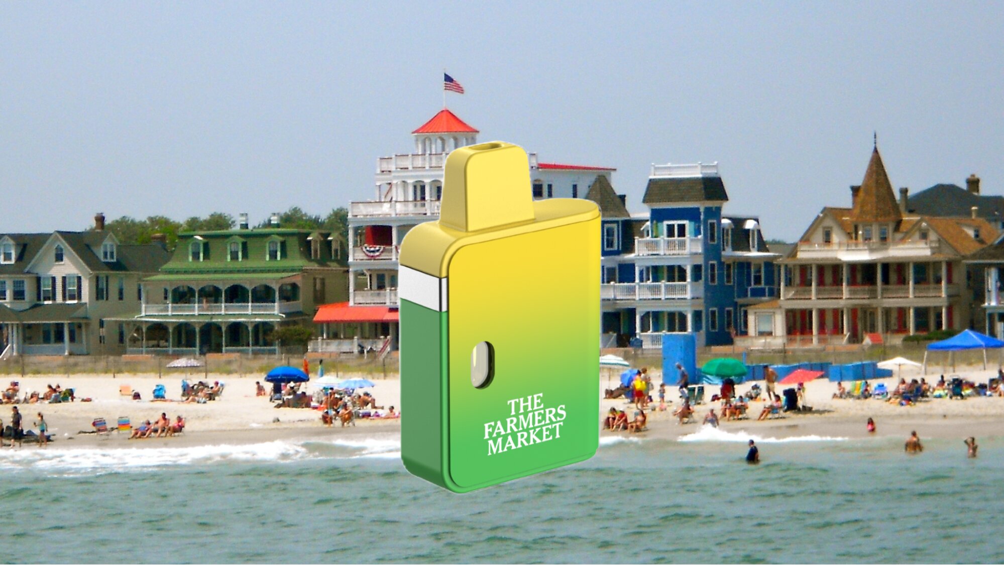 Hybrid vape disposable from ReLeaf Dispensary in Williamstown NJ with Cape May in the background