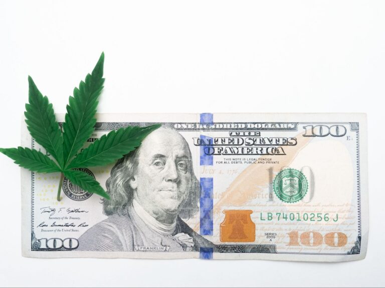 A cannabis leaf placed on top of a $100 bill. Source - Pexels